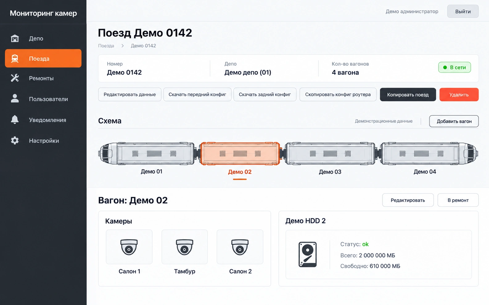 Интерфейс: мониторинг камер поездов